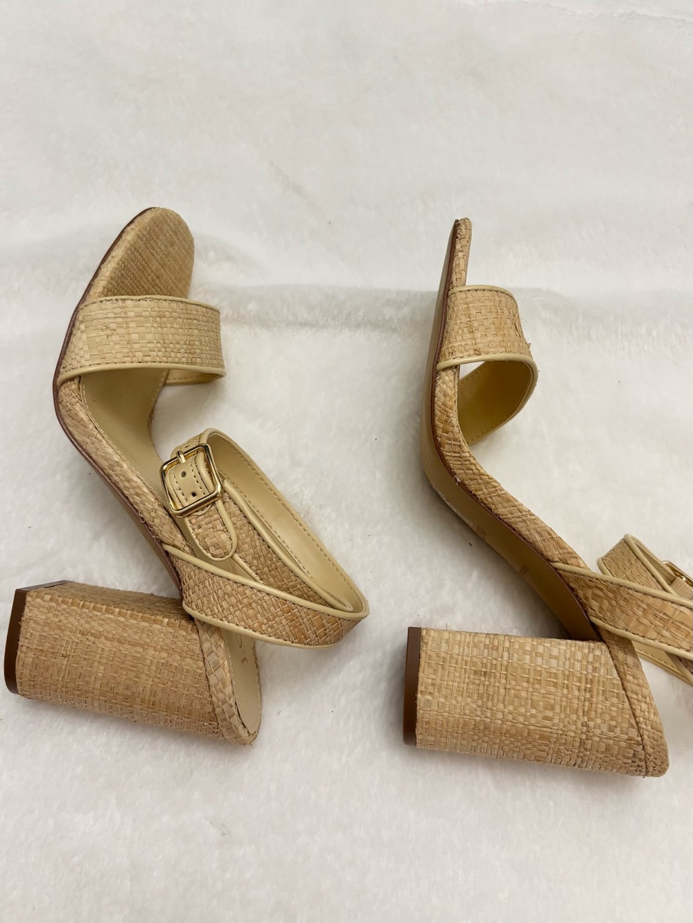NWOT J Crew Factory Woven Block Heel Neutral Beige Raffia Ankle Strap Sandals - Picture 6 of 9